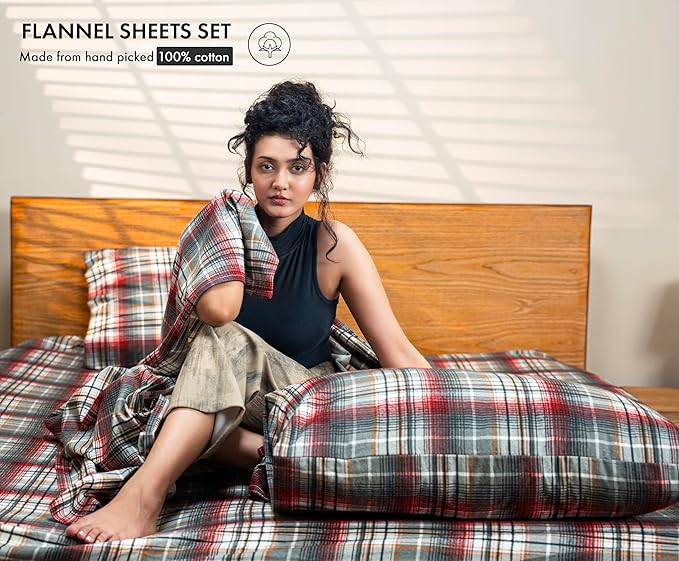 RUVANTI Flannel Sheets California King Size - 100% Cotton Brushed Cal King Bed Sheets Set - Deep Pockets 14 Inches - All Seasons Breathable & Extra Soft - Warm & Cozy, 4 Piece, Halloween Check
