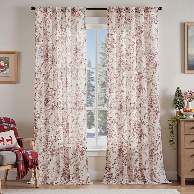 jinchan Linen Blend Curtain Floral Curtains for Living Room 96 Inch Length Christmas Brick Red Printed Curtain Rod Pocket Back Tab Farmhouse Peony Flower Patterned Drapes Curtains Set 2 Panels