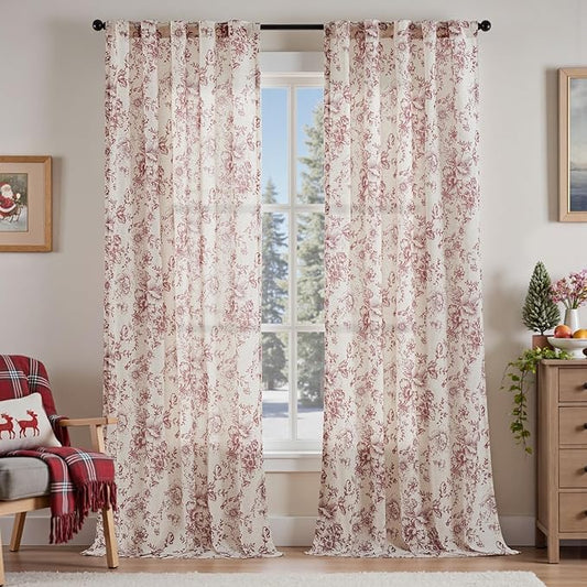 jinchan Linen Blend Curtain Floral Curtains for Living Room 96 Inch Length Christmas Brick Red Printed Curtain Rod Pocket Back Tab Farmhouse Peony Flower Patterned Drapes Curtains Set 2 Panels