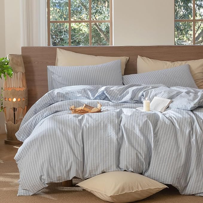 MooMee Striped Duvet Cover Set 100% Washed Cotton Linen Like Textured Breathable Durable Soft Comfy (Cornflower Blue White Wide Stripes, Super King Plus 120"x120")