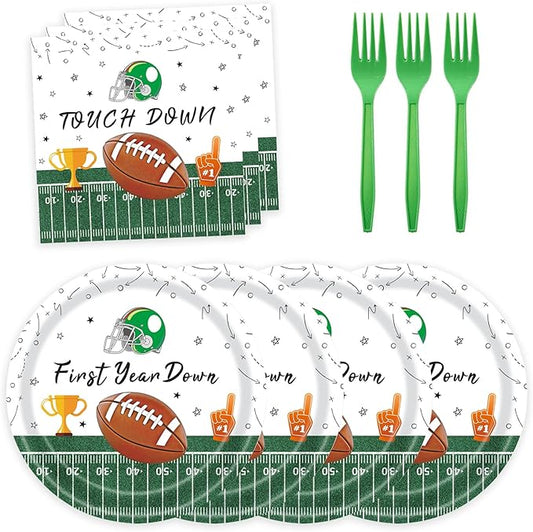 72 Pcs First Down Football Plates and Napkins - DIY First Year Down Birthday Party Decorations for Boy Birthday, 24 Guests