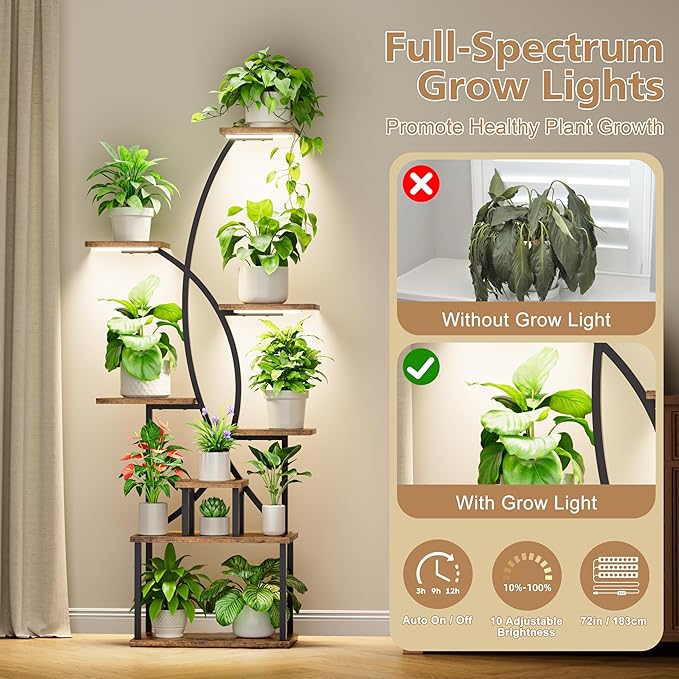 JUSTOGO Plant Stand Indoor with Grow Lights, 8 Tiered Tall Plant Shelf for Indoor Plants Multiple, 65" Large Corner Plant Stands, Metal Flower Holder Display Plant Rack for Living Room, Home, Patio
