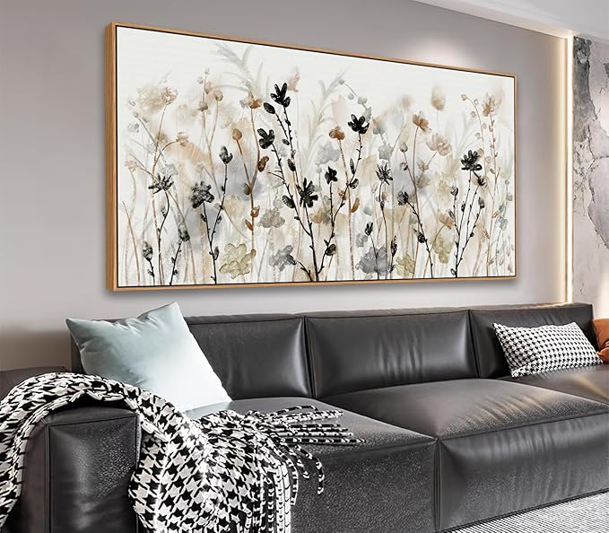 Framed Floral Wall Art Abstract Grey Cream White Grass Flowers Canvas Pictures Modern Landscape Painting Botanical Artwork for Living Room Bedroom Kitchen Office Wall Decor Ready to Hang 20" x 40"