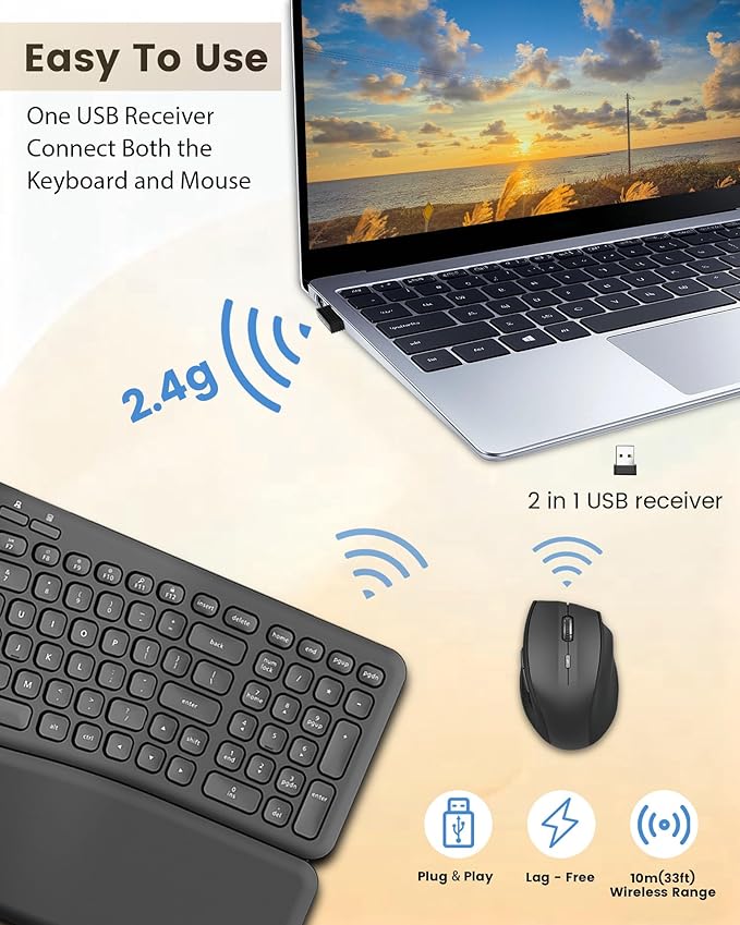 XUANGUI Silent Wireless Computer Keyboard and Mouse Combo with Magnetic Wrist Rest, Ergonomic Cordless Full Size Key Board and 4800 DPI Quiet Mice Set for PC Laptop Tablet, Office and Home Use
