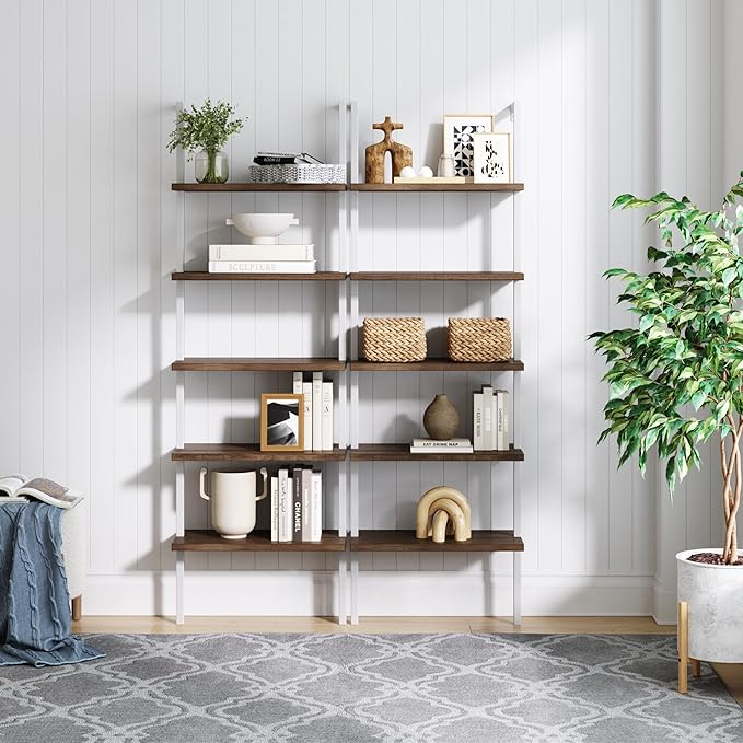 Nathan James Theo 5-Shelf Wood Modern Bookcase, Open Wall Mount Ladder Bookshelf with Industrial Metal Frame, Natural Light Brown/White, Set of 2