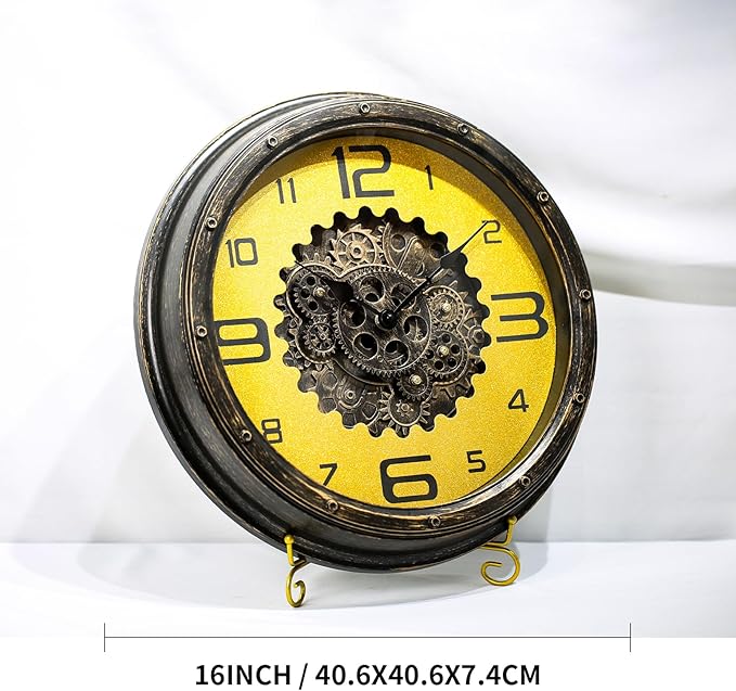 16 inch Large Gear Clock with Real Moving Gears, Steampunk Gold Wall Clock, Suitable for Living Rooms, Offices, Factories, Bedrooms, and Cabins (Gold, 16 inches)