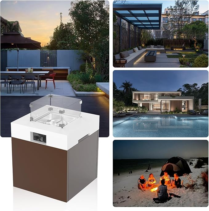 22" Aluminum Propane Fire Pit Table, 37,000 BTU Outdoor Gas Firepit with Lid, Glass Wind Guard, Waterproof Cover & Glass Stones for Patio Deck Garden, 3-in-1 Tabletop Design, Brown