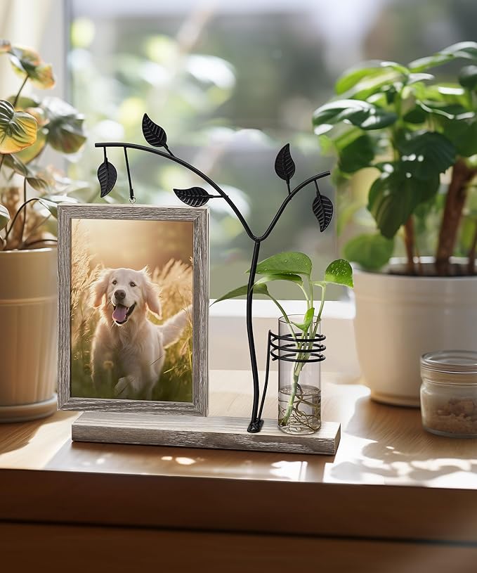 Afuly 5x7 Picture Frame with Bud Vase for Plants Flowers, Family Picture Frames Rustic Double Photo Frame Tabletop Display Decor, Anniversary Wedding Gifts, Dark Brown