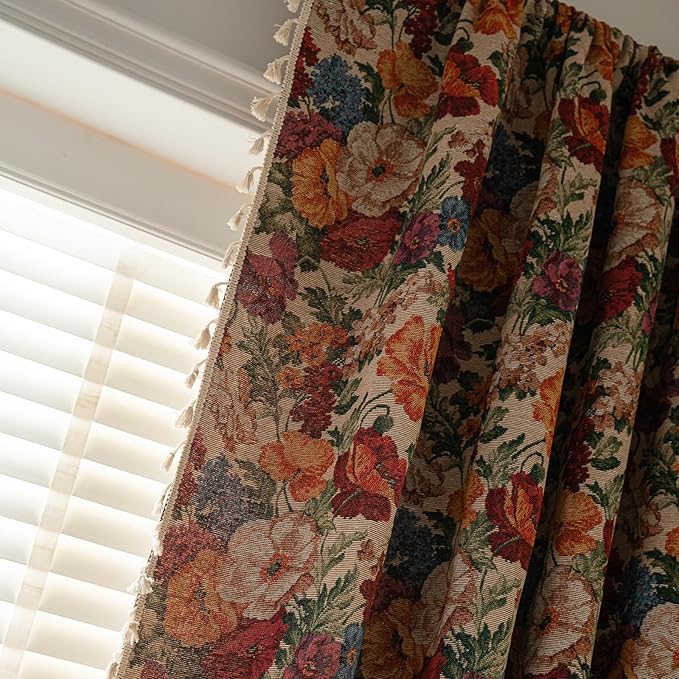 ENJOYBRIDAL Floral Curtains 84 Inches Long Semi Sheer Floor Length Drapes Bedroom Rod Pocket Jacquard 2 Panels Window Curtains Farmhouse Boho Tassel Patterned Living Room Botanical Window Treatments