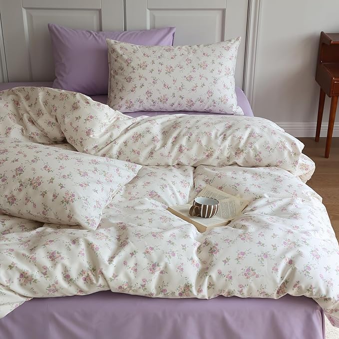EAVD Garden Purple Pink Floral Duvet Cover Full Soft Cotton Chic Shabby Cute Floral Pattern Bedding Set with 2 Pillowcases Reversible Botanical Floral Comforter Cover with Zipper Closure