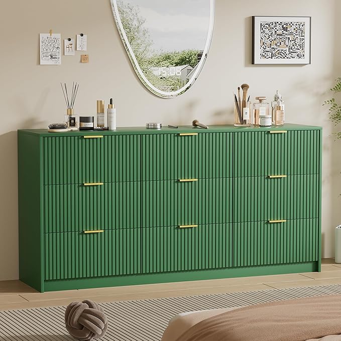 Green Dresser for Bedroom, Modern Dresser with 9 Drawers and Smooth Slides, Wide Chest of Drawers with Golden Handles for Bedroom, Living Room, Closet, 15.7" D x 63" W x 31.5" H