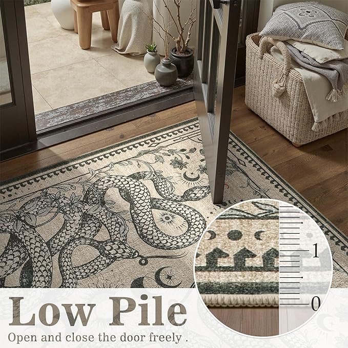 DCX Washable 2x6 Snake Runner Rug, Beige Gothic Rug for Living Room, Soft Low Pile Carpet, Kid & Pet Friendly with Rubber Back Non Slip, Stain Resistant Rug for Bedroom Dining Room Office