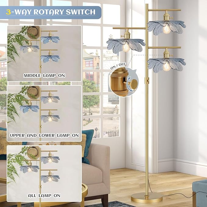 Gold Dimmable floor lamp ,tall lamp for living room corner ,mid century modern floor lamp Brass Tree Lamp Blue Glass Shade ,Standing Lamps vintage retro floor light for Bedroom corner Study Office
