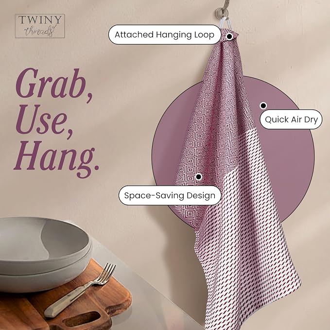 TWINY threads Kitchen Towel Diamond Pattern, Premium Kitchen Linen Set, 100% Cotton Wash Rags, Absorbent Quick Drying Cloths, Washable Reusable Multi Purpose, Set of 4, 18x26 Inches, Burgundy Wine