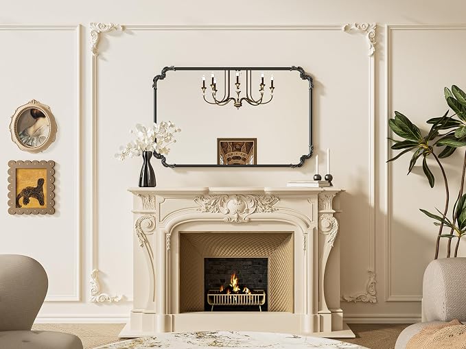 TETOTE Baroque Antique Black Scroll Wall Mirror 48 x 30 Vintage Rectangle Framed Baroque French Rectangular Mirror for Mantle Fireplace Bathroom Living Room, Horizontal/Vertical