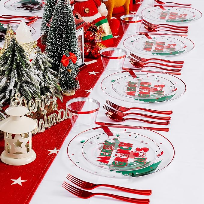 DaYammi 210Pcs Clear Green Monster Plastic Plates Disposable Christmas Dinnerware Set Include 30 Dinner Plates,30 Dessert Platos,30 Forks,30 Knives,30 Spoons,30 Cups,30 Napkins for Christmas Party
