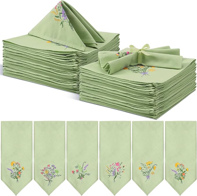 Tioncy 12 Pcs Christmas Floral Cloth Napkins Decorations Bulk Embroidered Wildflower Dinner Napkins Tea Cocktail Party Gifts Xmas Stocking Stuffers for Holiday Table Decor (Sage Green)
