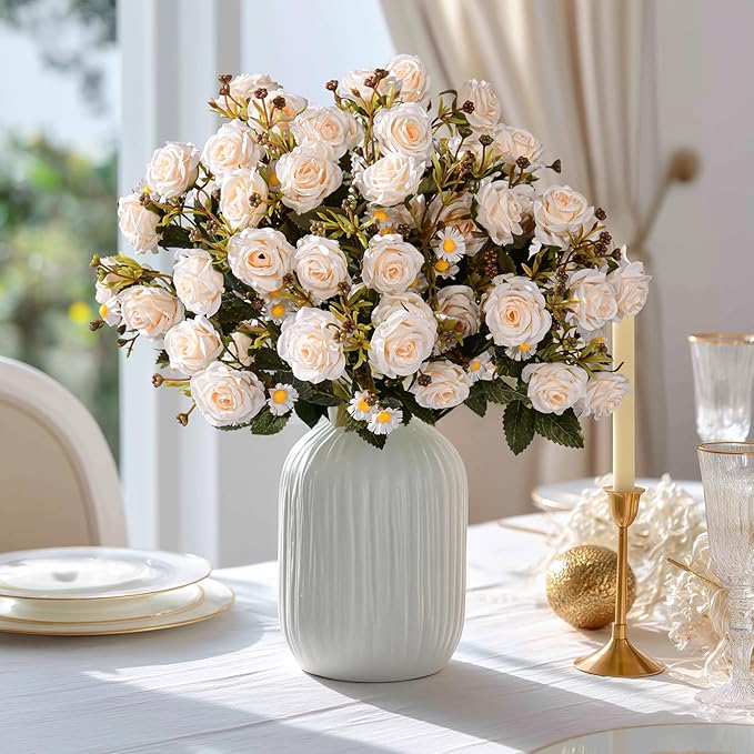 Artificial Rose Flowers for Outdoor 4 Bundles Rose Bouquet with Daisy Faux Flowers UV Resistant for Home Indoor Outside Garden Porch Window Box Balcony Yard Porch Fall Decor (White)