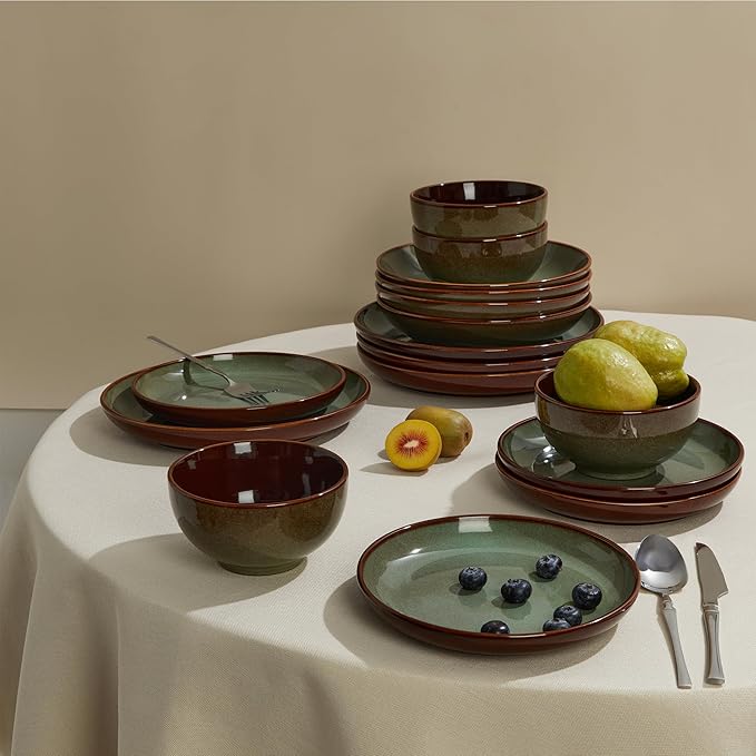 Pokini 32 Piece Double Bowl Dinnerware Sets with Pasta Bowls, Highly Chip and Crack Resistant Plates and Bowls Sets, Natural Earthyware Ceramic Dishware Sets, Service for 8 Sage Green