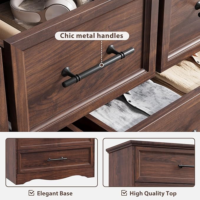 Walnut Dresser for Bedroom, Modern 7 Chest of Drawers, 47" Wide 7 Drawer Dresser with Brushed Metal Handle, Wood Closet Organizers and Storage Cabinet for Bedroom, Living Room, Hallway