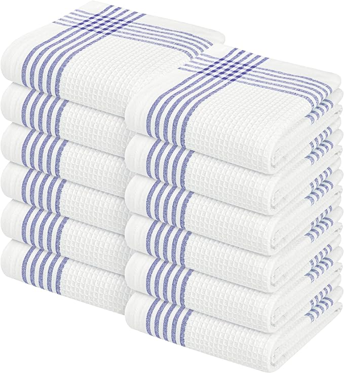 Waffle White & Indigo Blue Kitchen Towels 12 Pack, 100% Cotton, 16x26 inches, Premium Dish Towel, Long Lasting Bar Mop Cloths, Perfect for Drying Dishes, Cooking and Cleanup