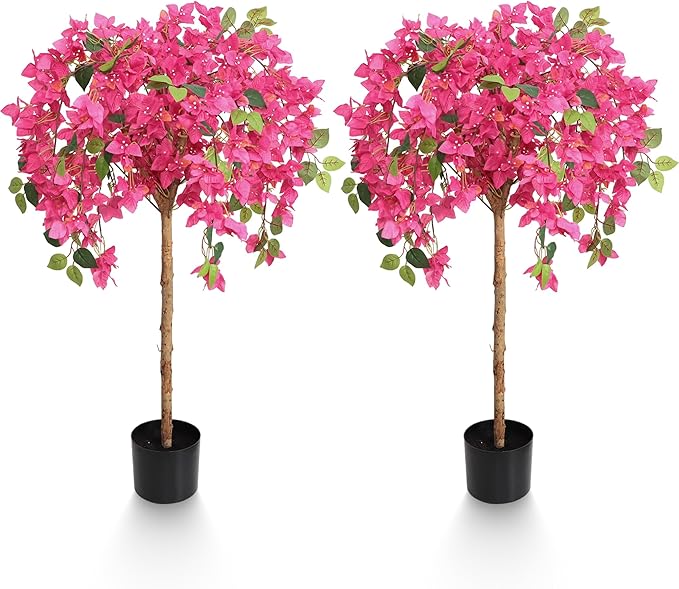 4 Feet Artificial Bougainvillea Trees, Fake Bougainvillea Pink Flowers Tree with Black Plastic Pot, Outdoor Faux Blooming Plants Potted 2 Packs for Decor Front Porch Indoor or Home Office (47 inch)
