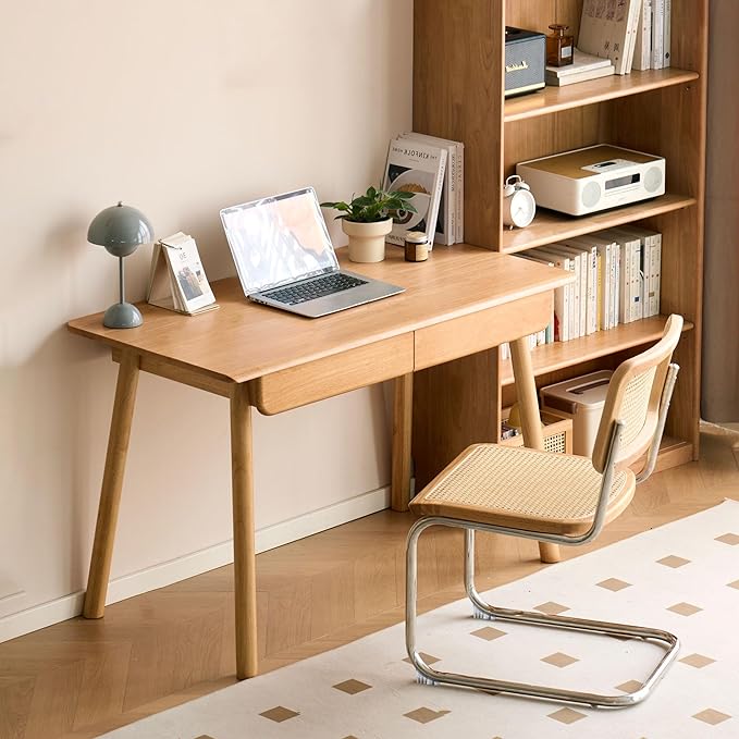 Solid Wood Desk, Mid Century Modern Home Office Desk, Computer Desk with Drawer for Writing Study Vanity 31.49" W