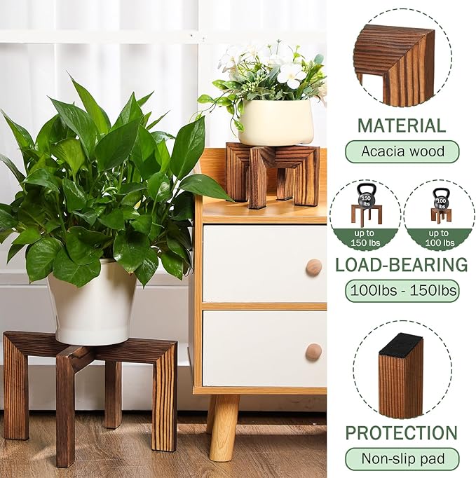 Wonderjune 2 Pcs Wood Plant Stands Indoor Mid Century Modern Holders for Plants Wooden Flower Stands, Boho Rustic Wooden Stool for Plant Pot Holder(Large Fit 5-15 Inch Pot, Small Fit 3-8.2inch)