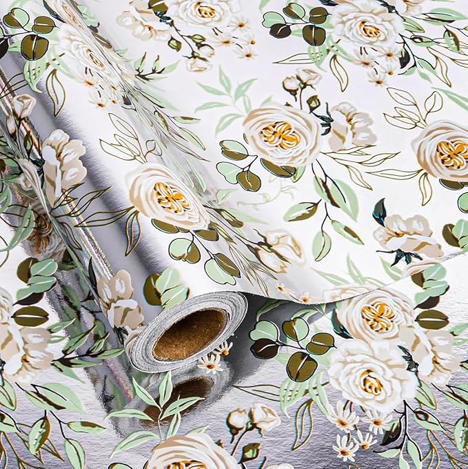 Altarho Wedding Wrapping Paper Roll - 17 Inch x 33 Feet - Silver White Floral with Metallic Foil Design Perfect for Mothers Day Wedding Bridal Shower Spring Birthday Summer