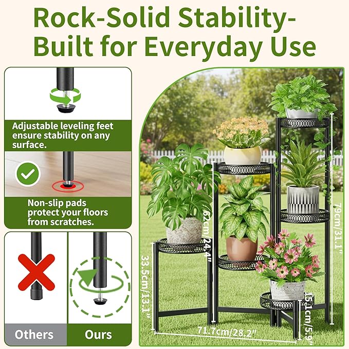 6 Tier Large Plant Stand Indoor with 7.9-Inch Wide Drainage Tray, Tiered Corner Metal Outdoor Flower Display Holder Shelf, Folding Tall Rack for House Patio Porch Balcony Graden - BlackFlower