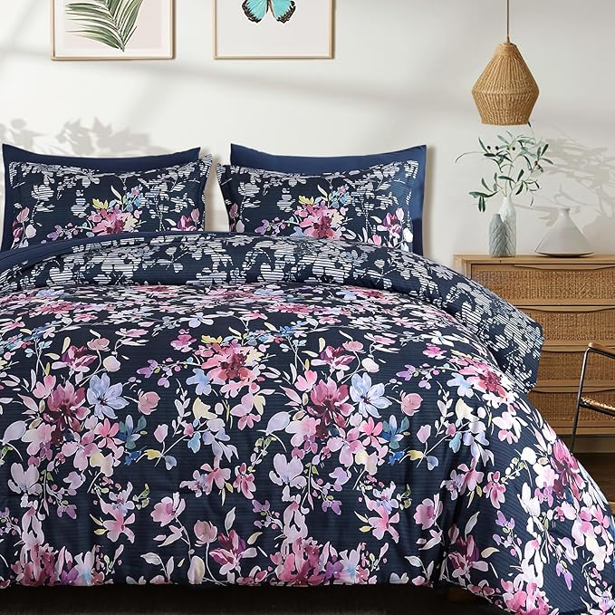 Dobuyly King Size Comforter Set, 7 Pieces Navy Blue Floral Comforter Set, Bed in a Bag King with Botanical Flowers Pattern, All Season Farmhouse Bedding Set with Sheets, Pillowcases & Shams