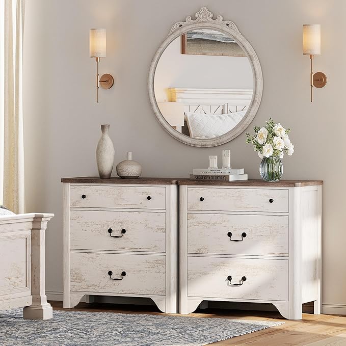 WAMPAT 3 Drawer Dresser Set of 2, 63" Large White Dresser for Bedroom with Wide Chest of Drawers, Farmhouse Dresse Nightstand Cabinet for Bedroom, Living Room, Hallway, Office