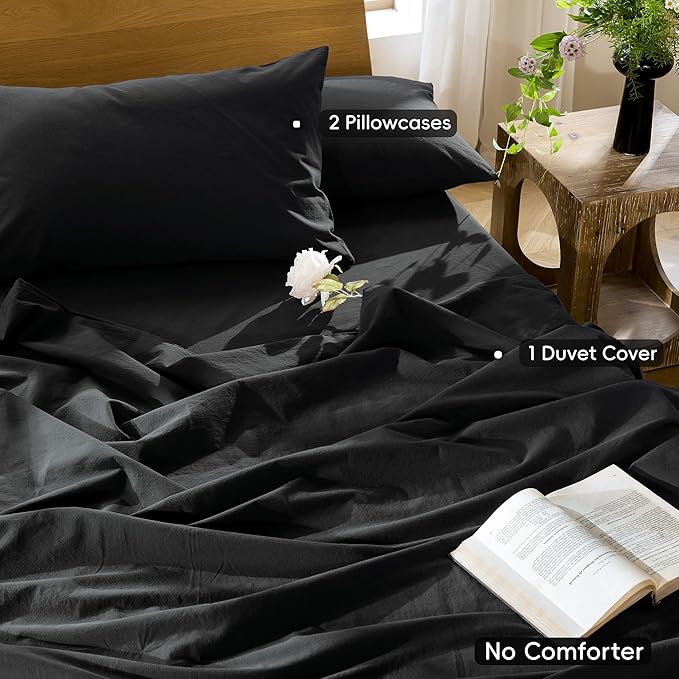 MooMee Bedding Duvet Cover Set 100% Washed Cotton Linen Like Textured Breathable Durable Soft Comfy (Solid Black, Cal King 104"x98")