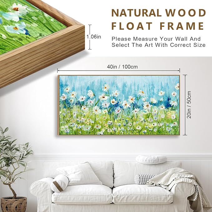 Framed Wall Art Wildflowers Canvas Pictures Living Room Wall Decor Abstract White Daisy Floral Prints Spring Landscape Painting Green Grass Artwork for Bedroom Kitchen Home Office Decor 20"x40"