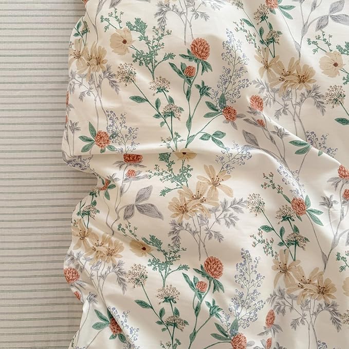 EAVD Girls Floral Duvet Cover Twin Soft 100% Cotton Garden Chic Floral Leaves Pattern Bedding Set with 2 Pillowcases Fresh Botanical Comforter Cover with Zipper Closure