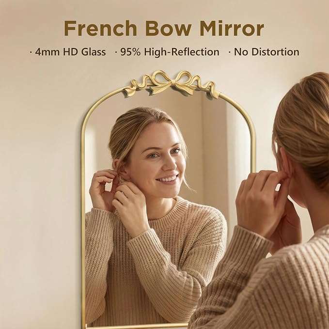 Besdomus Bow Arched Gold Mirror: 22"x30" Gold Antique Vanity Wall Mounted Mirror - Vintage Baroque Traditional Ornate for Bedroom/Bathroom/Makeup Vanity - Wall Decor for Teen Girl