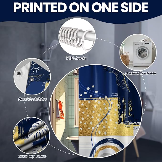 Small Stall Narrow Shower Curtain Blue and White Stand Up Abstract Navy Blue and Gold Boho Shower Curtains for Rv Camper Bathroom Decor Sets, Waterproof Cloth Fabric with Hooks, 36 x 72 Inch