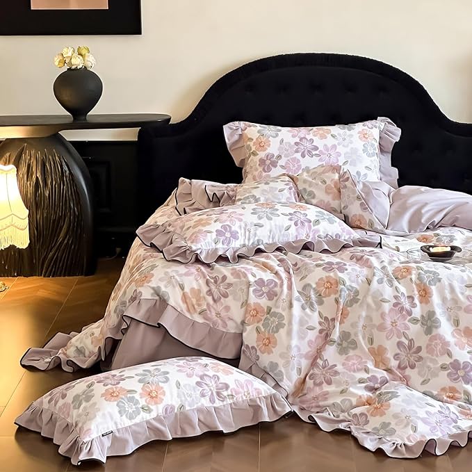 HighBuy Floral Ruffle Duvet Cover Twin Size,Brushed Cotton Soft Coquette Ruffle Flower Bedding Duvet Cover Set,Blush Floral Shabby Chic Farmhouse Duvet Cover and Pillow Shams,Purple - Twin