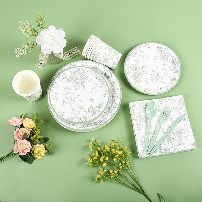 175Pcs Sage Green Floral Paper Plates and Napkins 25 Guests Green Toile Chinoiserie Party Supplies Set Include Plates Napkins Cups Spoons Forks Knives for Birthday Wedding (175, Sage Green Floral)