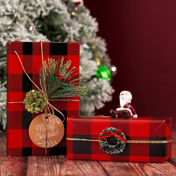MAYPLUSS Christmas Reversible Wrapping Paper - Mini Roll - 17 Inch X 32.8 Feet - Red Black Buffalo Plaid Patterns (47.3 sq.ft.ttl)