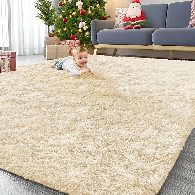 OLANLY 9x12 Machine Washable Large Area Rugs for Living Room, Bedroom, Soft Fluffy Shaggy Bedside Rug, Indoor Floor Carpet for Kids Girls and Boys, Dorms, Nursery, Home Decor Aesthetic, Cream