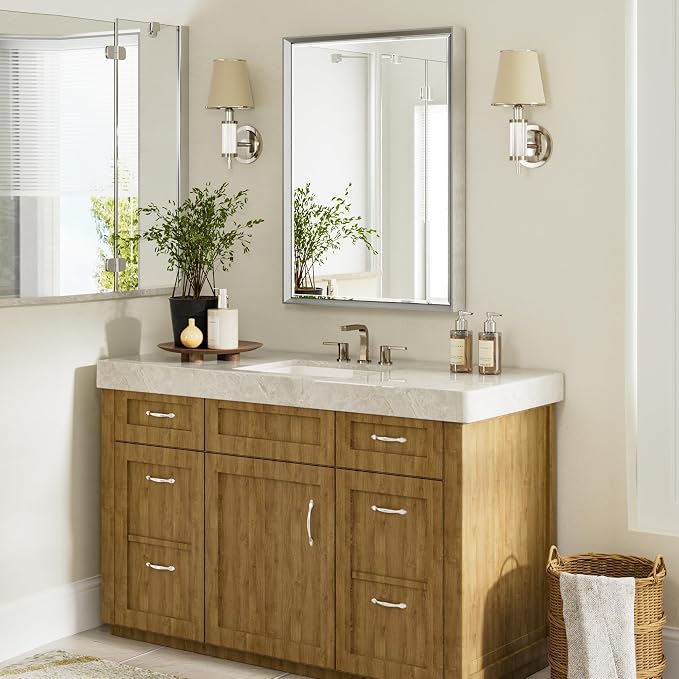Silver Bathroom Mirror, 24x32 Inch Beveled Silver Vanity Mirror for Bathroom Wall, Silver Metal Framed Mirror Anti-Rust, Silver Rectangle Wall Mounted Mirror for Bathroom(Vertical/Horizontal)