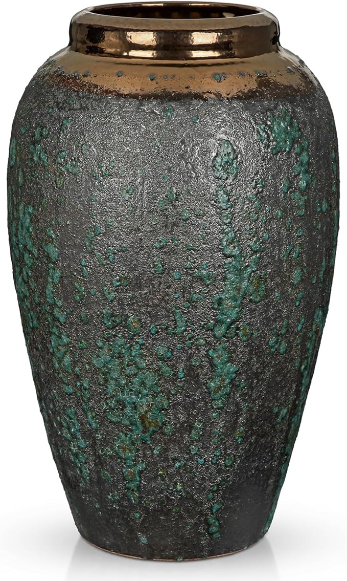 Ceramic Flower Vase, 12" Rustic Farmhouse Flower Vase with Wide Bronze Mouth, Vintage Tall Terracotta Vase for Home, Office, Living Room, Table, Shelf, Mantel Decoration