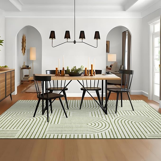 9x12 Area Rug Washable Modern Abstract Rugs for Living Room Non Shedding Soft Bedroom Boho Carpet Ultra-Thin Low Pile Living Room Floor Covers Abstract Lines Carpet for Playroom Kids Room, Green