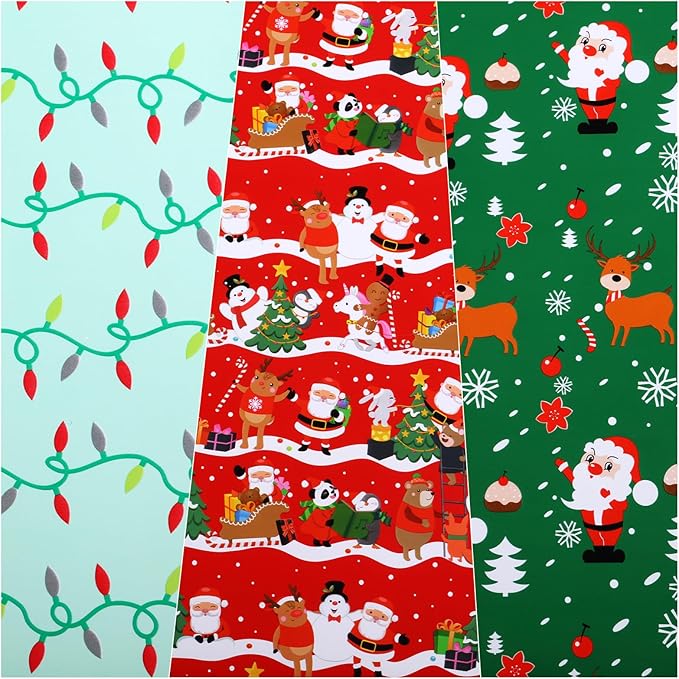 Miss DuiDui Green Red Christmas Wrapping Paper, 3 Rolls, 17 inch x 9.8 ft, Holiday Santa and Reindeer Design for Girls Kids Boys, Christmas, Party, Holiday