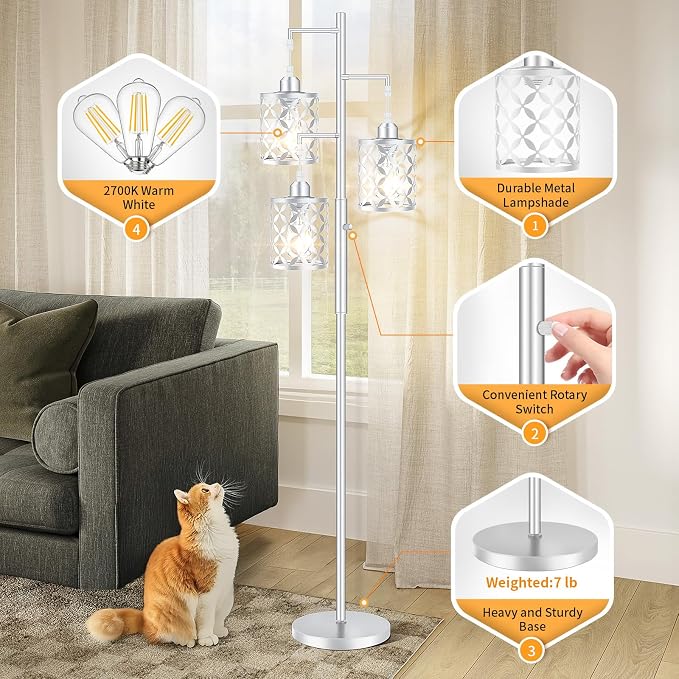 Dimmable Floor Lamp, Farmhouse Standing Lamp with Elegant Metal Cage, Industrial Tall Tree Floor Lamps for Living Room, Bedroom, Study Room, Office, 3 x 800LM LED Bulbs Included, 72",Silver