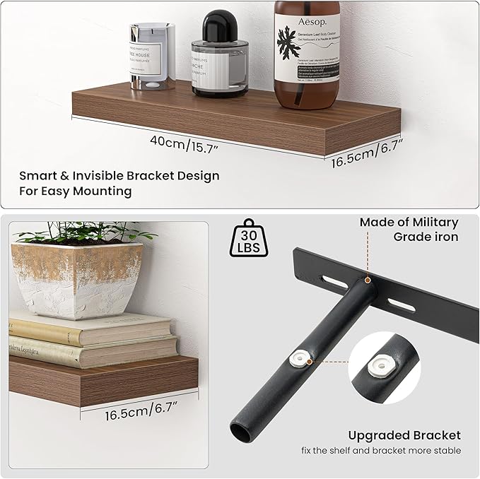 Heimlove Floating Shelves for Wall,16 inchs Shelf for Small Bathroom,Mounted Storage & Display Wood Shelves for Bedroom,Living Room,Kitchen,Office,Set of 2,Walnut Color