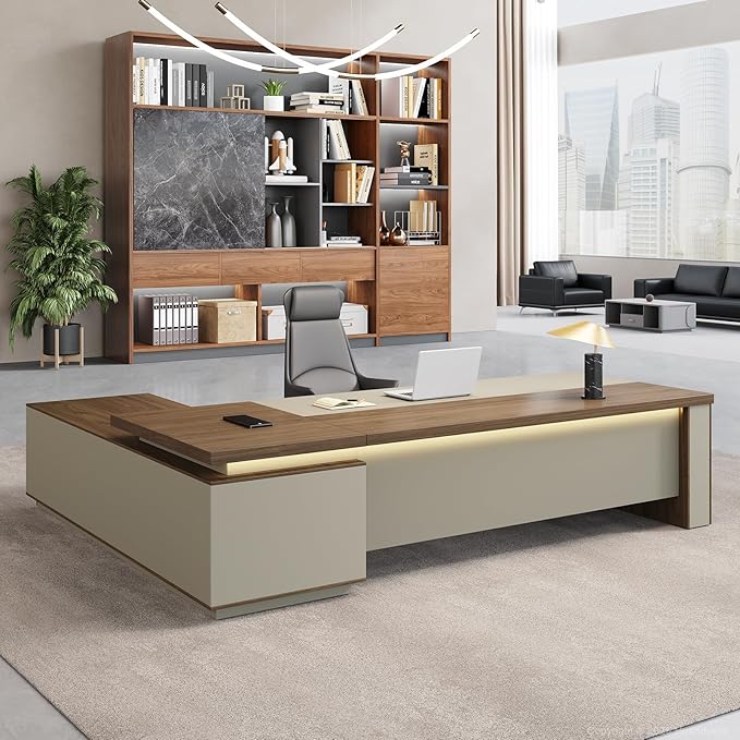 L-Shaped Executive Desk with LED Lights, Lockable Storage & 3-in-1 Charging Station, Reversible Cabinet, Modern Wood Office Desk for CEO, Manager & Home Office(Black Walnut+Khaki, 95"L*71"W*30"H)