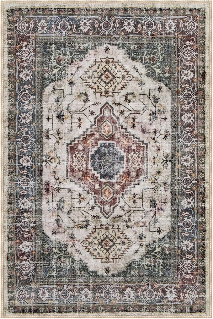 Lahome Oriental Small Rugs for Entryway, 2x3 Rug Non Slip Washable Door Mat Indoor Entrance Ultra-Thin Vintage Soft Carpet for Kitchen Bedroom Front Door Bathroom, Brown/Grey
