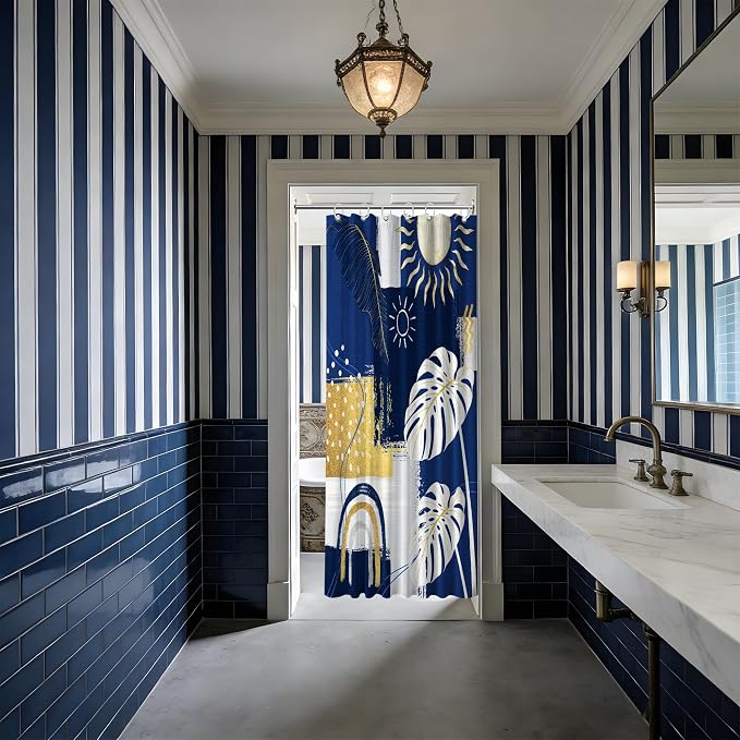 Small Stall Narrow Shower Curtain Blue and White Stand Up Abstract Navy Blue and Gold Boho Shower Curtains for Rv Camper Bathroom Decor Sets, Waterproof Cloth Fabric with Hooks, 36 x 72 Inch